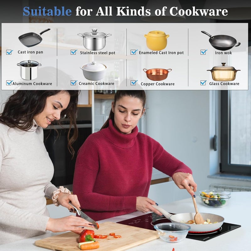 Jessier 12 Inch Electric Cooktop - 2 Burner Countertop & Built-in Electric Stove Top, 120V Plug in Electrical Cook Top, Timer, Safety Lock, Over-Temperature Protection, Sensor Touch Control - Image 4